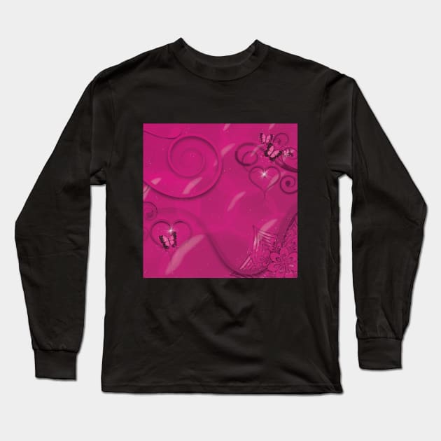 Hearts Twinkling, Vines Creeping, Butterflies Flying, Bubbles Floating , Flowers & Leaves in a Fantasy World of Pink Long Sleeve T-Shirt by karenmcfarland13